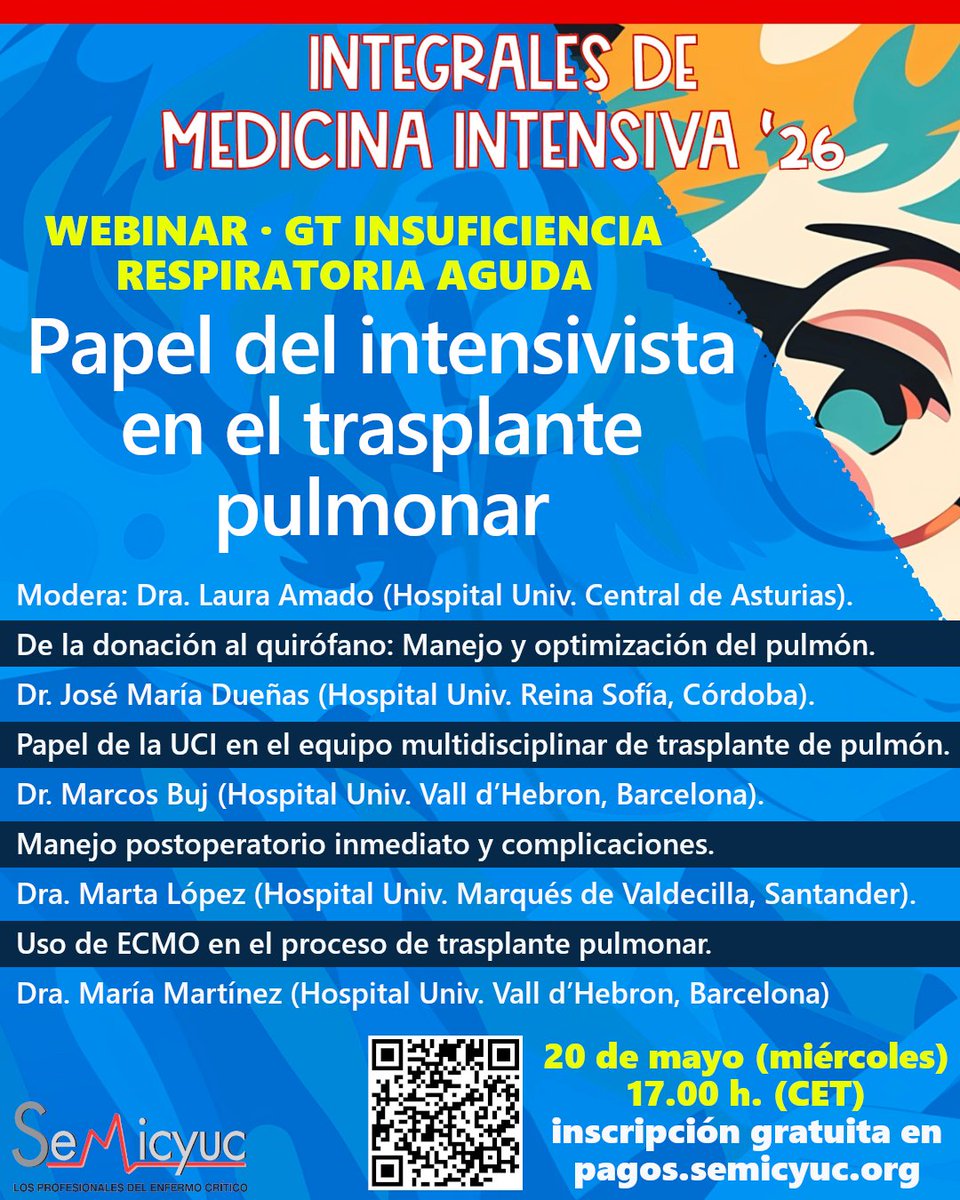 semicyuc's tweet photo. El próximo 20 de mayo te esperamos en el webinar sobre el 'Papel del intensivista en el trasplante pulmonar', organizado por el Grupo de Trabajo de Insuficiencia Respiratoria Aguda de la SEMICYUC. Cuatro ponencias nos pondrán al día de los diferentes aspectos relacionados con nuestro papel en este tipo de trasplante. ¡Contamos contigo!
Inscripción gratuita ya disponible. https://t.co/sDrpdEJ5m2
#medicinaintensiva #trasplante #intensivistas