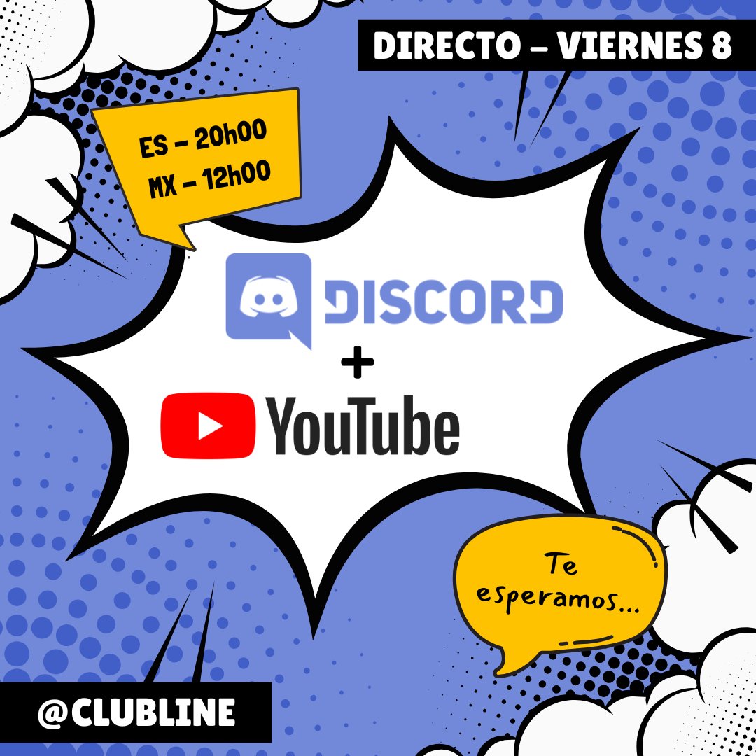 mangaline's tweet photo. ⚡¡El directo empieza en una hora!⚡

Si quieres preguntarnos algo, comentar novedades o simplemente pasar un rato con la comunidad Mangaline, este es el momento. 💬🔥 

🕗 20:00h España
🕛 12:00h México

Discord ➡️ https://t.co/Znp05EDofg 
YouTube ➡️ https://t.co/yiqYbrn7WG 

¡Te esperamos! 👏 

#Mangaline #ClubLine #Directo #Discord #YouTube #MangaEnEspañol #ComunidadManga