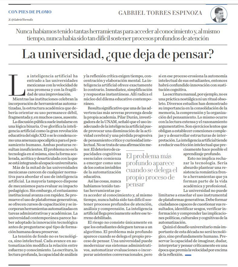 virginiog's tweet photo. La adopción acelerada de IA en universidades mexicanas sin regulaciones ni evaluación pedagógica suficiente, lo que amenaza procesos cognitivos 

El mayor reto universitario de la década es humano: preservar la imaginación, la duda, la interpretación y el pensamiento crítico https://t.co/GB6V3mETsw