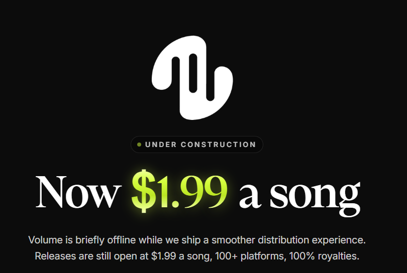 volumedotbuzz's tweet photo. We're building a smoother way to get your music distributed end-to-end. https://t.co/J3PDY8WOJB will be down briefly.

Artist distribution portal is still live at https://t.co/vFsDn8JpIr. https://t.co/gshdFkblSL