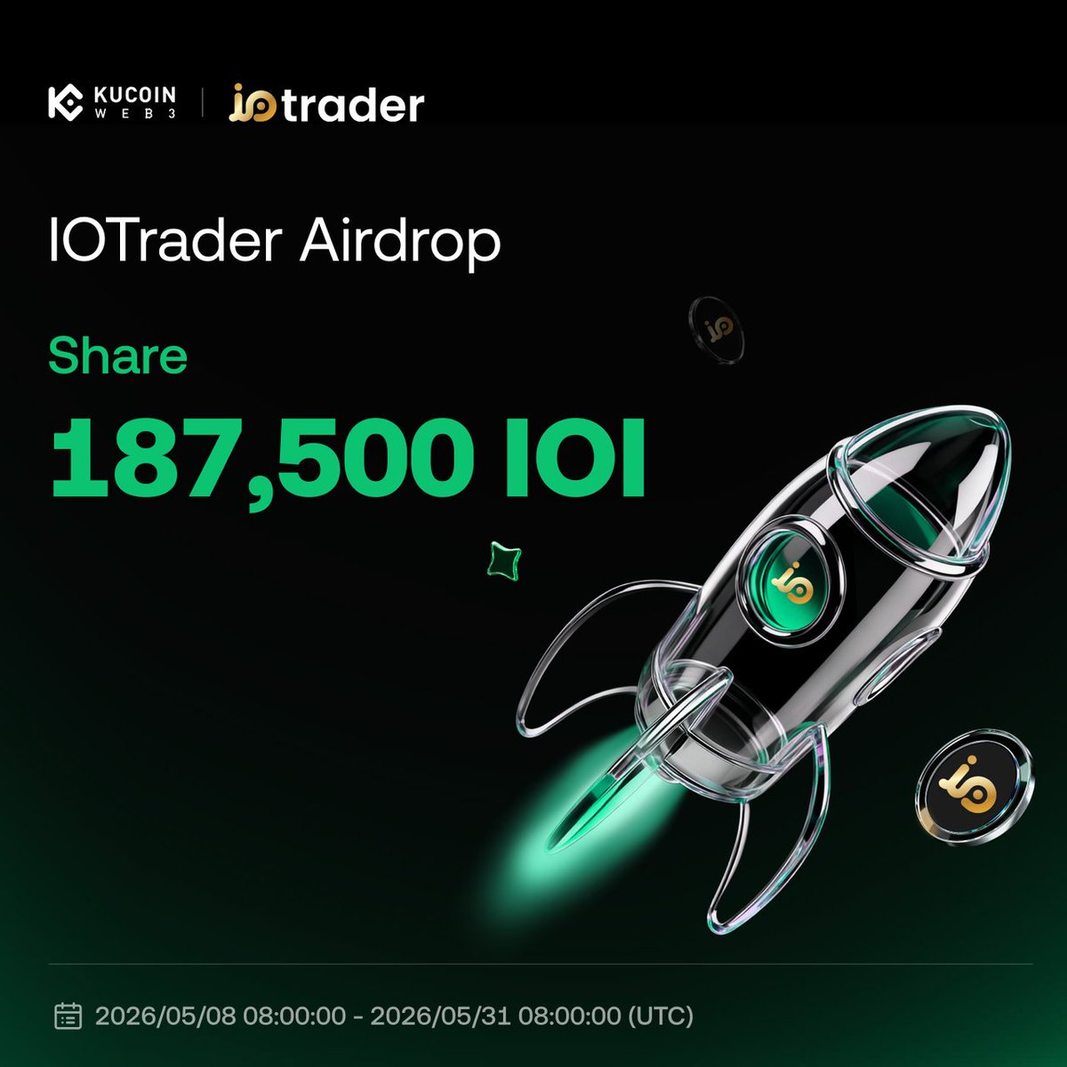 #KuCoinWeb3Wallet x IOTrader #Airdrop

🏆 187,500 $IOI | 3,000 winners
🗓 05/08 08:00 - 05/31 08:00 UTC

To Enter
1️⃣ Follow <a href="/KuCoin_Web3/">KuCoin Web3 Wallet</a> &amp; <a href="/iotraderio/">IO Trader IO</a>
2️⃣ Like + RT + Drop ur KuCoin wallet BSC address
3️⃣ Join 👉 kucoin.com/web3/starter-t…

Learn More: kucoin.com/web3/support/4…