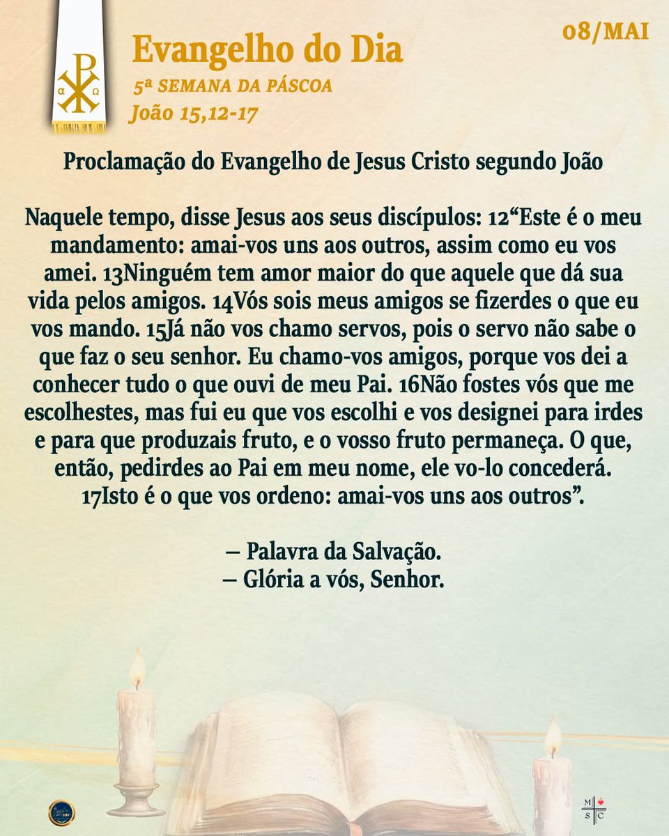 LucivaldoJr's tweet photo. Sexta-feira, 08.MAI.2026
Bom dia, Amigos(as)!
Sugestão para leitura:
Evangelho de São João 15,12-17
#EvangelhoDoDia
#TempoPascal
#VSemanaDaPáscoa
#AnoJubilarFranciscano
#SãoFrancisco800Anos https://t.co/CQUtLbJ6Ly