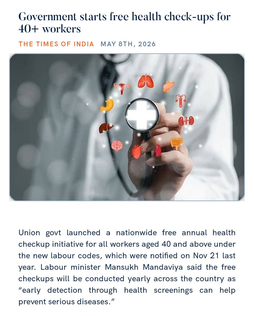 Government starts free health check-ups for 40+ workers
timesofindia.indiatimes.com/india/governme… 

via NaMo App