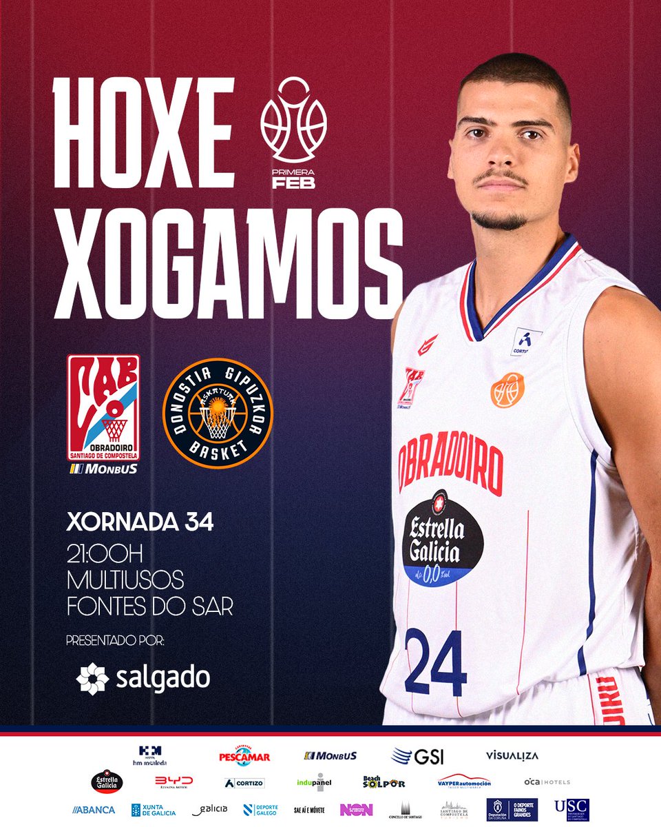 OBRADOIROCAB's tweet photo. 𝑯𝑶𝑿𝑬 🔥

🏆 34ª Xornada de #PrimeraFEB
🆚 @gipuzkoabasket 
⏰ 21:00
🏟️ Multiusos Fontes do Sar
▶️ LALIGA+ | TVG 2

#MonbusObradoiro #NósNonFaltamos https://t.co/9wSNWsA0DH