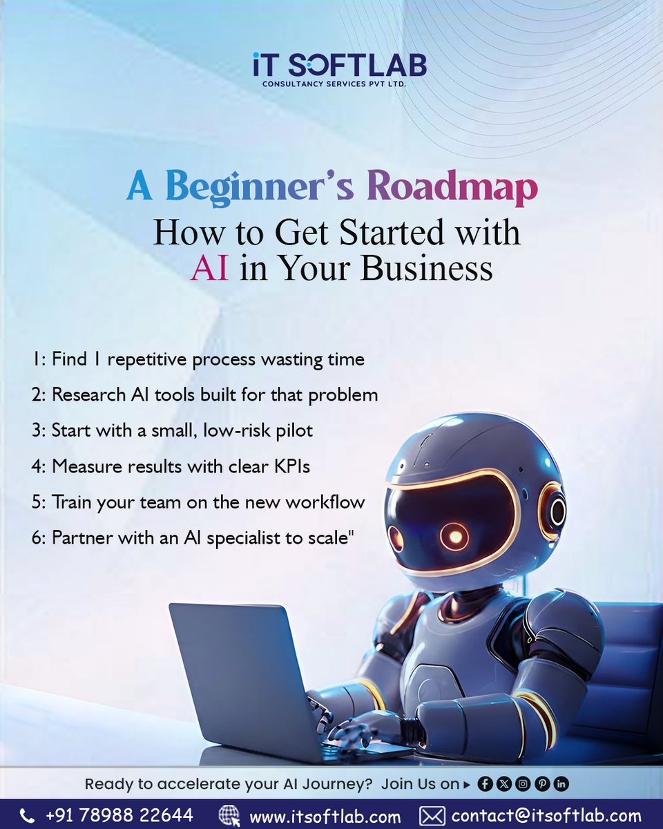 Itsoftlab_'s tweet photo. AI adoption doesn’t require a complete business overhaul. 🚀

This 6-step roadmap helps you go from zero to AI-powered — one step at a time. Save this for your team! 📌

#AIAdoption #ArtificialIntelligence #DigitalTransformation #AIRoadmap #TechTips https://t.co/GNeR8Nckdf