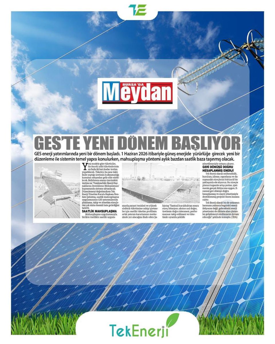 TekEnerji's tweet photo. Yönetim Kurulu Başkanımız İbrahim Şahintaş’ın, EPDK’nın lisanssız elektrik üretiminde saatlik mahsuplaşma uygulamasına ilişkin değerlendirmelerine yer veren basın kuruluşlarına teşekkür ederiz.

#TekEnerji #güneşenerjisi #elektrik 

+ https://t.co/Ea57ILVbw6