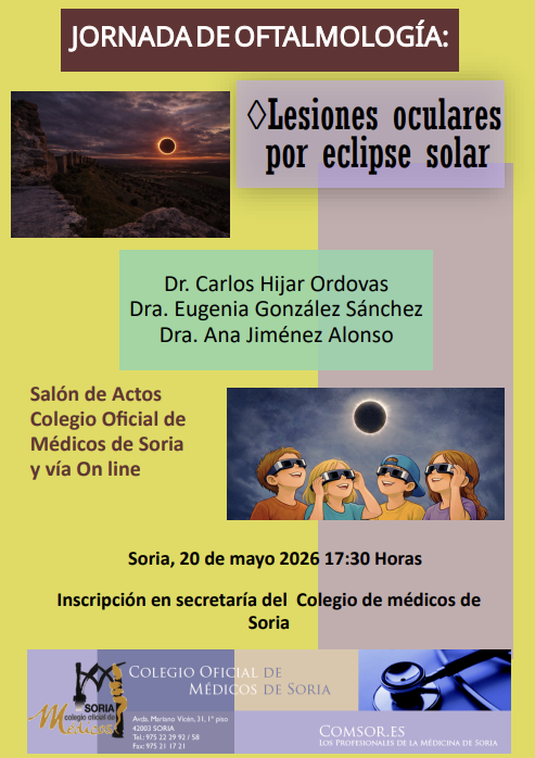 icomsoria's tweet photo. 📣 Os invitamos a una nueva sesión de formación Jornada de Oftalmología: Lesiones oculares por eclipse solar.

📅 Miércoles 20 de Mayo
⏰ 17:30 hrs
📍Sede del Colegio de Médicos de Soria

#colegiodemédicos #formación #lesionesoculares #eclipsesolar #soria https://t.co/y6Amx666bZ