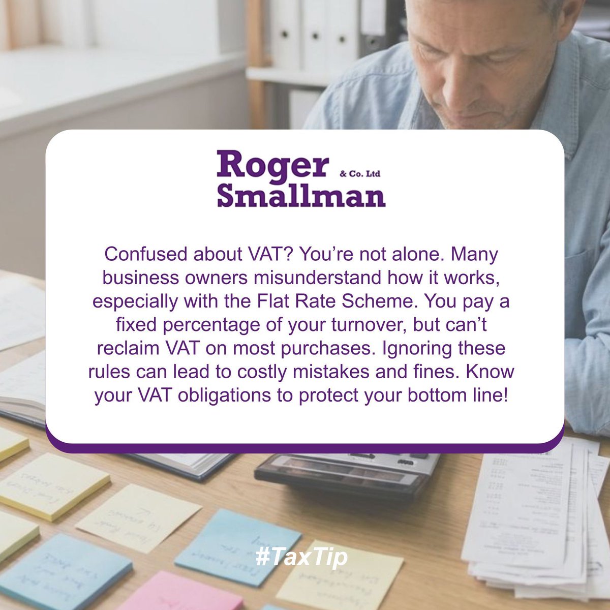 RogerSmallman's tweet photo. Confused about VAT? Many struggle with its rules, especially the Flat Rate Scheme. Roger Smallman &amp; Co. can clarify your obligations and support your VAT needs. Contact us! 📞✨

👉🏻 Find out more about what we can do for you: https://t.co/4gS2CwyLOY. https://t.co/HlYH8G8Bpn