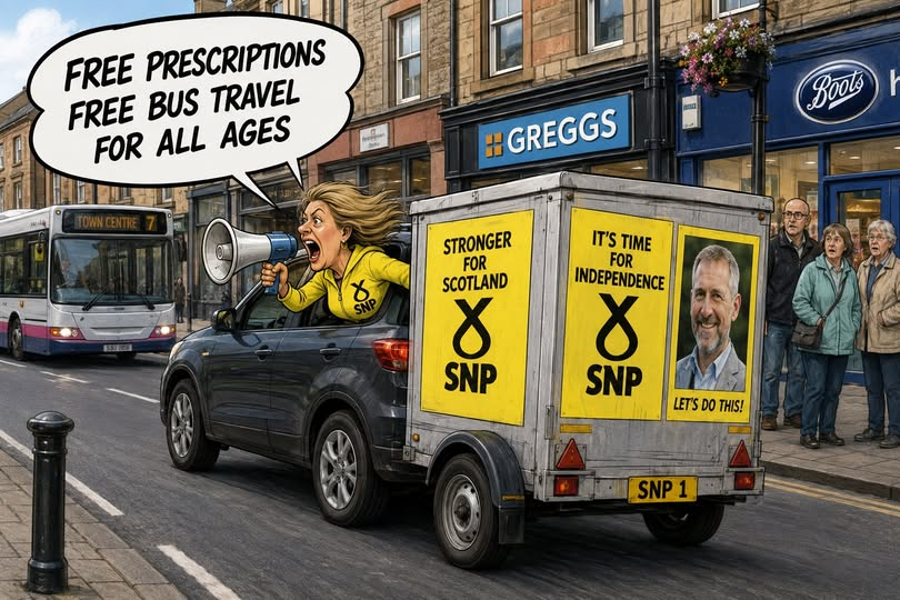 PodScotlan73457's tweet photo. A CAR PASSED ME AT SPEED YESTERDAY EVENING

with a woman shouting out the window through a megaphone.

"FREE PRESCRIPTIONS"
"FREE BUS TRAVEL FOR ALL AGES"

SNP desperation. No mention of course, of the £4.7 billion looming  funding gap facing Scotland. No one is talking about that.

Meanwhile, Greatest Hits Radio Dumfries & Galloway News

used the information that a shop in Dumfries had been fined £200 for selling a vape to an underage child as "clickbait" to get people on to something called "Hello Rayo" where you either pay or get tracked.

So I went digging and discovered that  Dumfries & Galloway Council are keeping the retailer’s identity quiet for now. According to the report:~

Trading Standards carried out two intelligence-led underage vape test purchases in Dumfries in March 2026.

One retailer sold a vape to the underage volunteer.

The business received a £200 Fixed Penalty Notice.

The case is due to be discussed in a council performance report going before the Nithsdale Area Committee next week.

How kind of the council to keep this retailer's identity secret.

A £200 fine would not even pay the bar bill at the Cairndale Hotel, where trading standards officers reportedly stay!