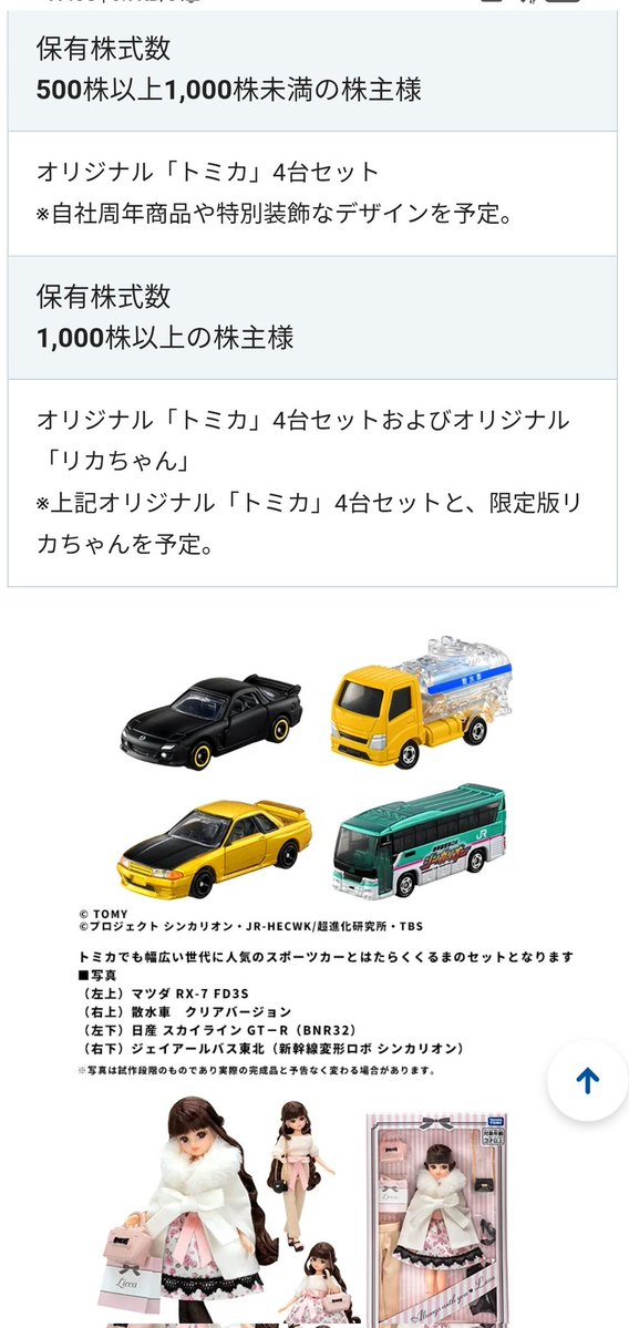 タカラトミーの2026年度 株主優待トミカ発表された 持ってる株数だと
