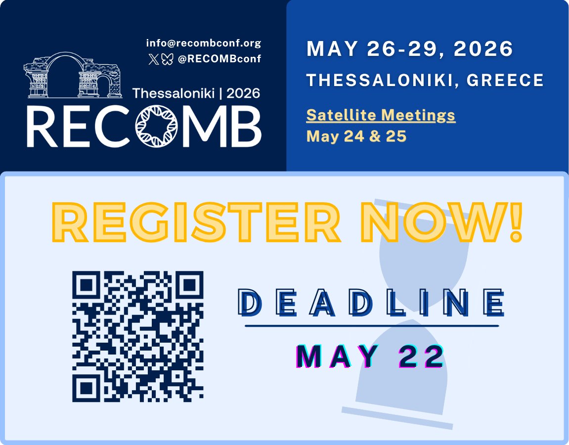 RECOMBconf's tweet photo. Featuring keynote talks, cutting-edge research presentations, posters, Satellite Meetings, and networking events, this year marks the 30th edition of the conference. 

Register now to join us in Thessaloniki for RECOMB 2026!

#RECOMB2026 #conference https://t.co/33O53TM58q