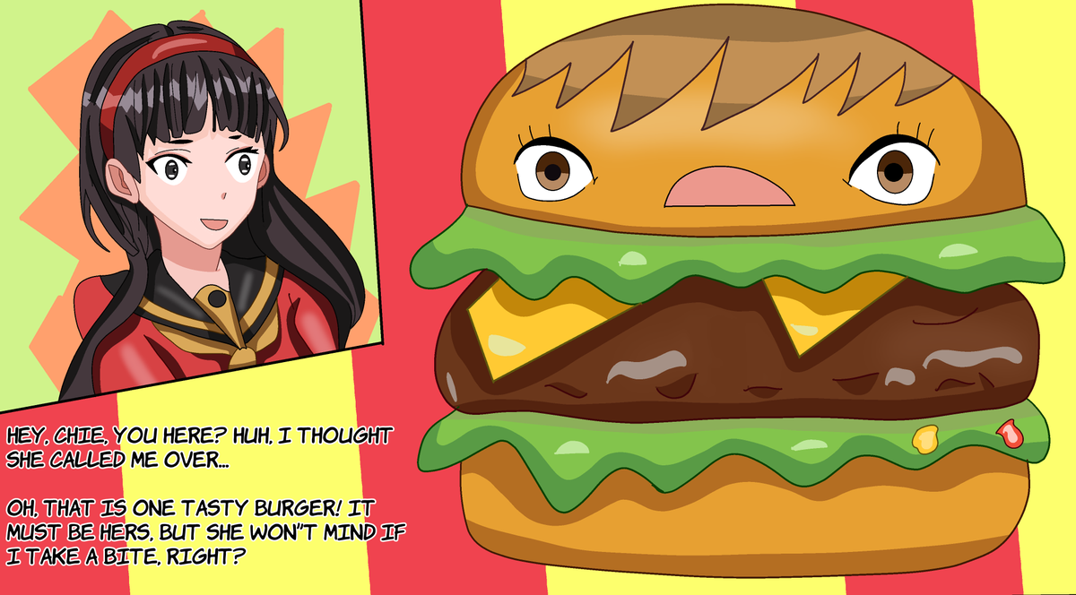dumb_juc's tweet photo. Yukiko was supposed to meet up with Chie after-class, but all she sees  is a fat, juicy burger. Well, it can't hurt to take a bite... 
#tf #transformation #inanimatetf #objecttf #TFEveryday https://t.co/9e9PJ9lN3A