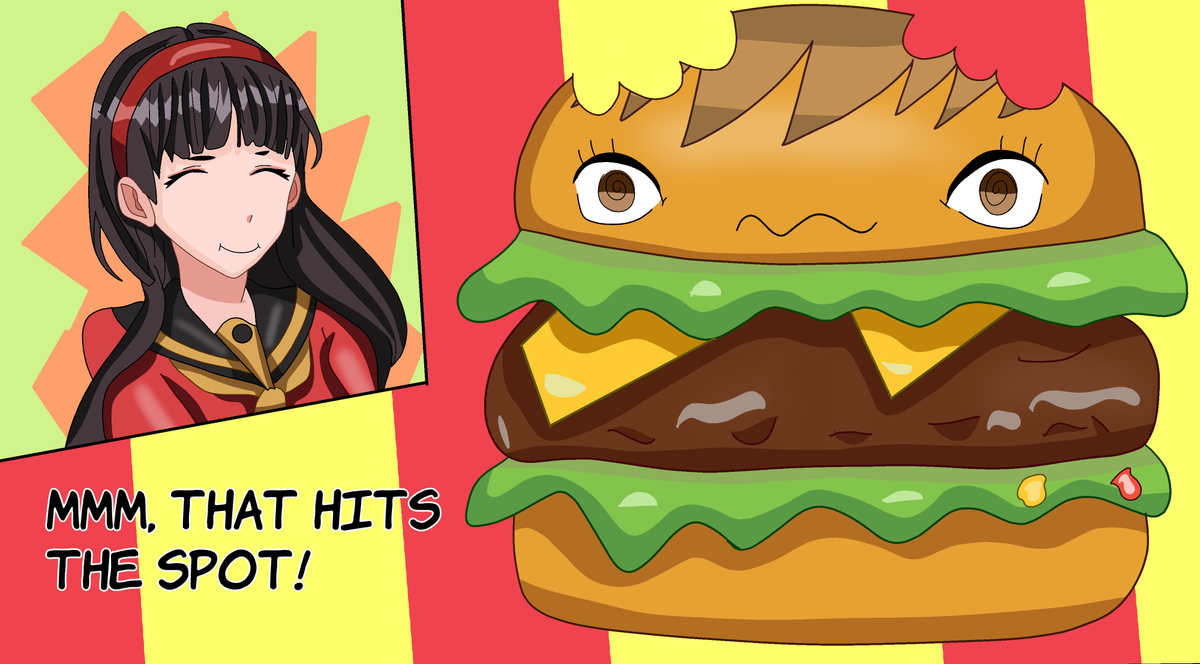 dumb_juc's tweet photo. Yukiko was supposed to meet up with Chie after-class, but all she sees  is a fat, juicy burger. Well, it can't hurt to take a bite... 
#tf #transformation #inanimatetf #objecttf #TFEveryday https://t.co/9e9PJ9lN3A
