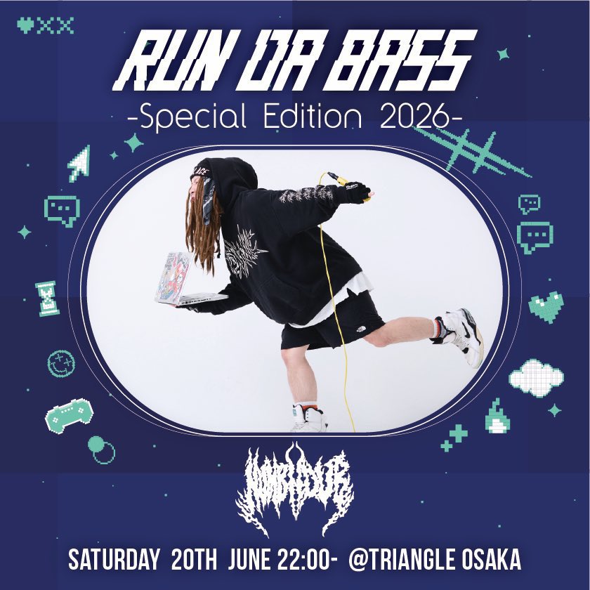 monogotz's tweet photo. 【LIVE】
ドラムンベースに関するあらゆる解釈を包括、バンド、ライブに焦点を当てた
RUN DA BASSスペシャル回でライブ参戦します

▼6/20(土)22時 RUN DA BASS -Special Edition 2026- @ TRIANGLE
 @triangleosaka 
w/Tyrkouaz,THE GAME SHOP -Band set-
and more… https://t.co/Nk6e3kx2Pi