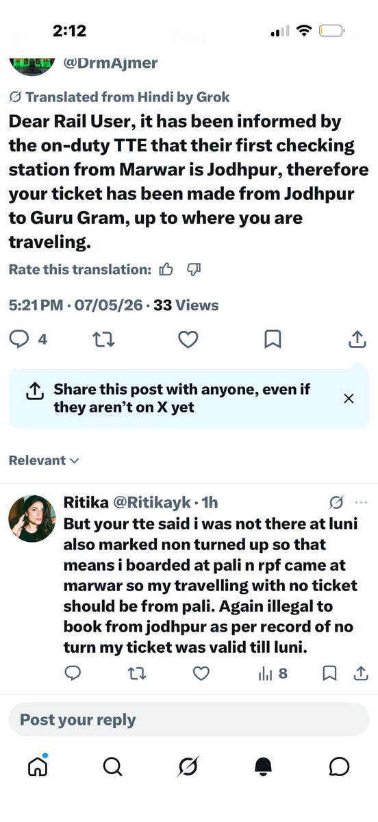 Ritikayk's tweet photo. @poojaofficial5 This is my story, he said ticket marked nt turned up at luni but i have no confirmation which station it was marked and what time, also no reallocation msg received. @DrmAjmer says marked NT at luni then why have you made penalty ticket sayin travelling without ticket frm jodhpur https://t.co/JiPc0Cltdo