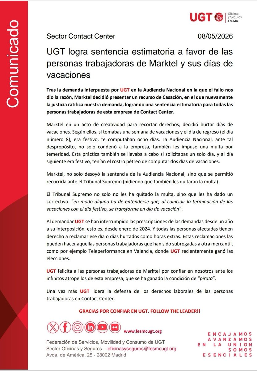 UGT_CCenter's tweet photo. 📣 #UGT logra #sentencia estimatoria a favor de las personas trabajadoras de #Marktel y sus días de vacaciones
➡️ Una vez más UGT lidera la defensa de los derechos laborales de las personas trabajadoras de #ContactCenter. FOLLOW THE LEADER‼️
#FeSMC #oficinasyseguros #VACACIONES https://t.co/VTAD63YdIF