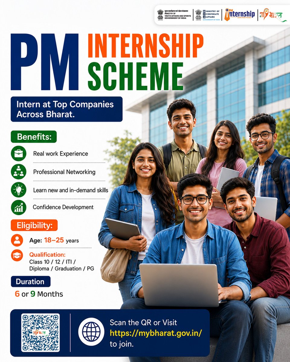 YASMinistry's tweet photo. Dreams don’t work until YOU do - and the PM Internship Scheme is your chance to turn ambition into achievement. 🌟

Gain real-world experience, build professional networks, and develop in-demand skills with internship opportunities at top companies across Bharat. 🚀
📌 Eligibility: 18–25 years
🎓 Open for: Class 10/12, ITI, Diploma, Graduation, PG & Final Year Students
⏳ Duration: 6 or 9 months

📲 Scan the QR or visit https://t.co/VQ3RrMENA3 and take the first step toward your future today. 

#MYBharat