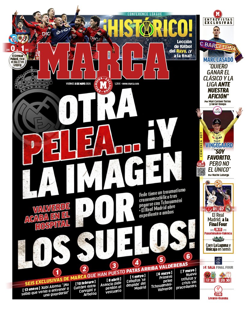 Ayer, el Rayo Vallecano hizo historia con su primera final europea en 102 años. Mientras, la portada del diario Marca es una pelea en el vestuario del Real Madrid. Bochornoso.