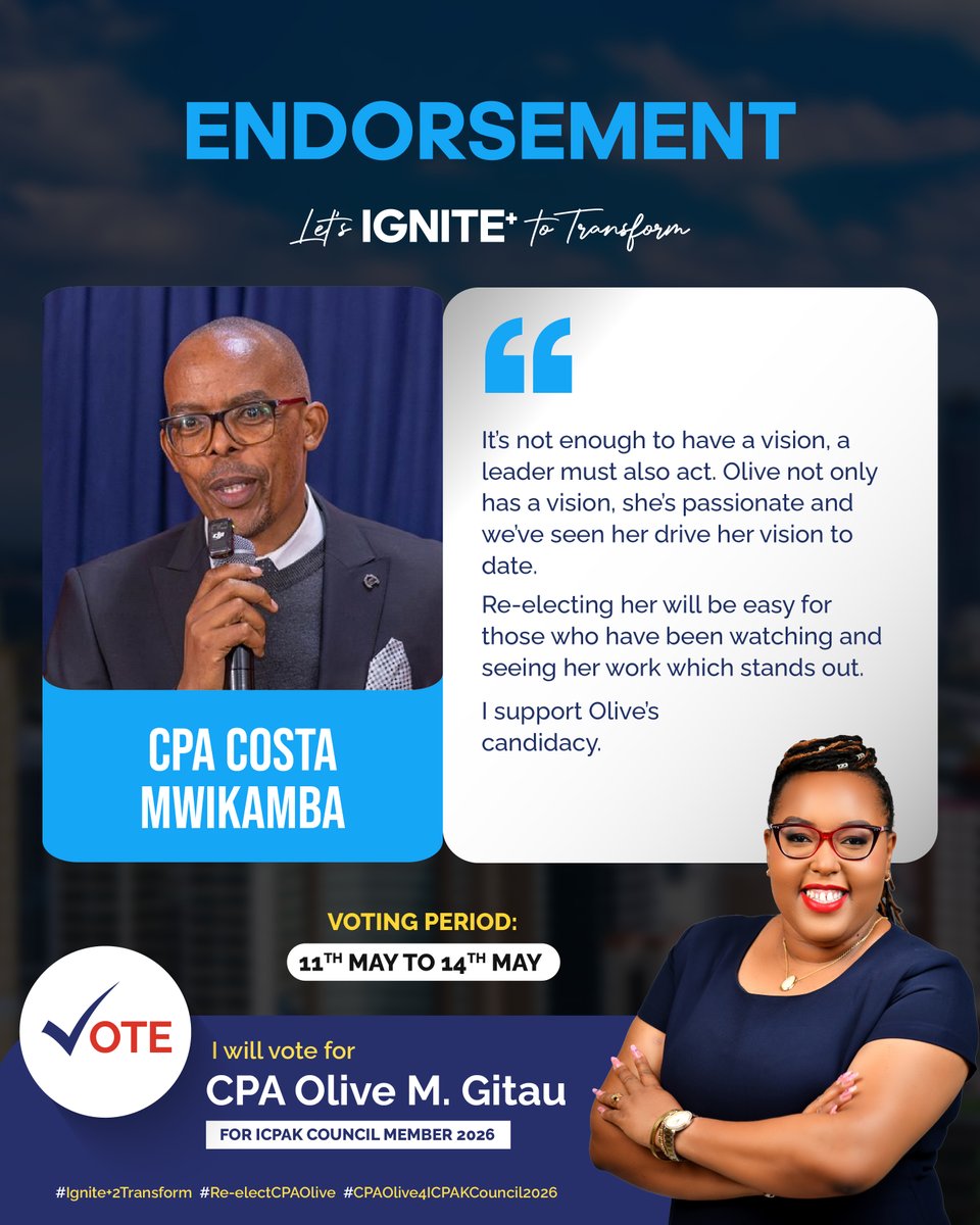 olivegitau's tweet photo. My Fellow ICPAK members,
Thank you for believing in my leadership and my vision through the IGNITE+ Agenda.

Your vote matters. Let us shape the future of ICPAK together.

🗳️ Vote CPA Olive M. Gitau for ICPAK Council 2026
📅 Voting opens 11th May at 9:00 AM and closes 14th May at 9:00 AM
🌐 https://t.co/0AiSkfIlus

Together, let’s IGNITE+ to Transform.

#CPAOlive4ICPAKCouncil2026
#ReElectCPAOlive
#IgniteToTransform