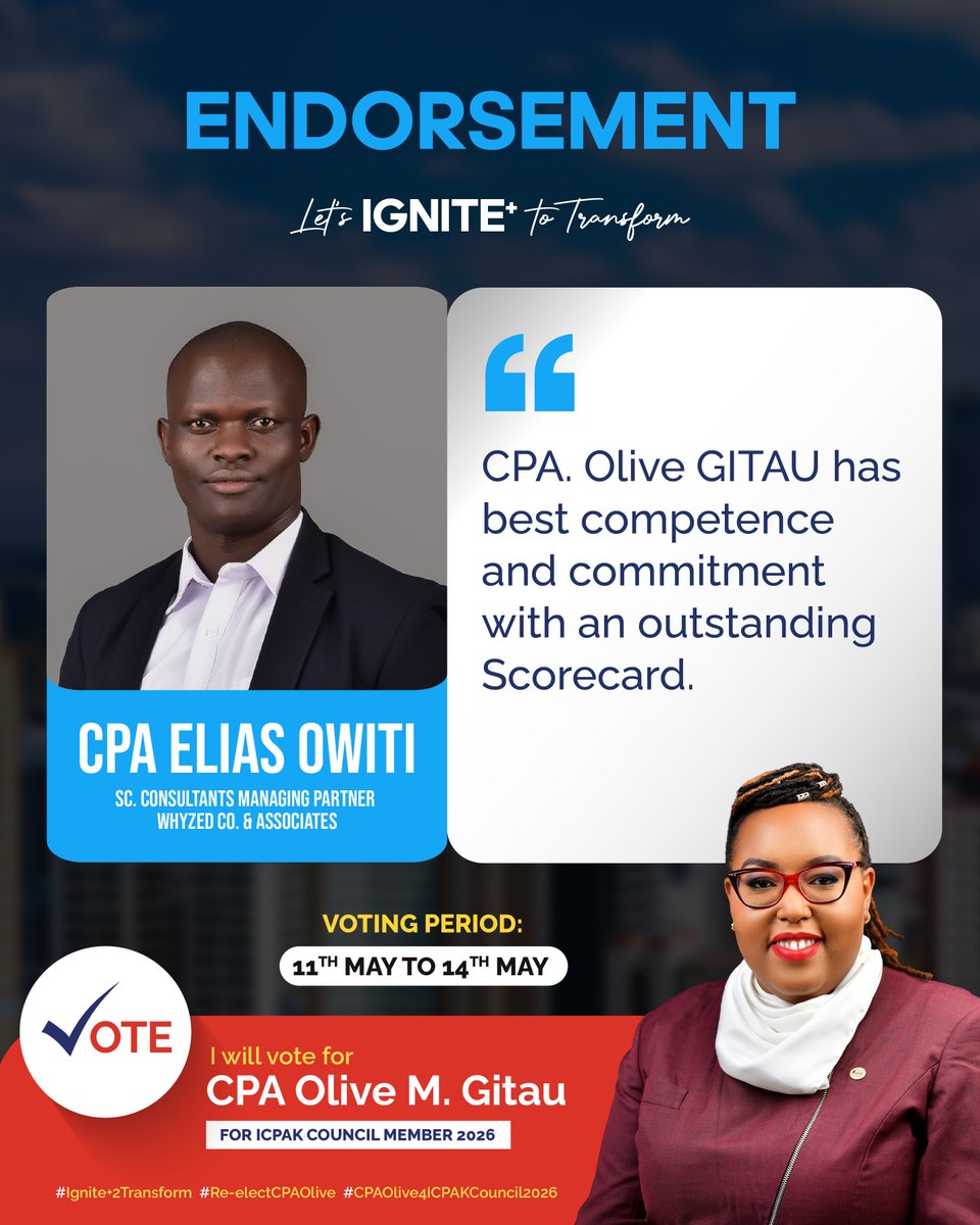 olivegitau's tweet photo. My Fellow ICPAK members,
Thank you for believing in my leadership and my vision through the IGNITE+ Agenda.

Your vote matters. Let us shape the future of ICPAK together.

🗳️ Vote CPA Olive M. Gitau for ICPAK Council 2026
📅 Voting opens 11th May at 9:00 AM and closes 14th May at 9:00 AM
🌐 https://t.co/0AiSkfIlus

Together, let’s IGNITE+ to Transform.

#CPAOlive4ICPAKCouncil2026
#ReElectCPAOlive
#IgniteToTransform