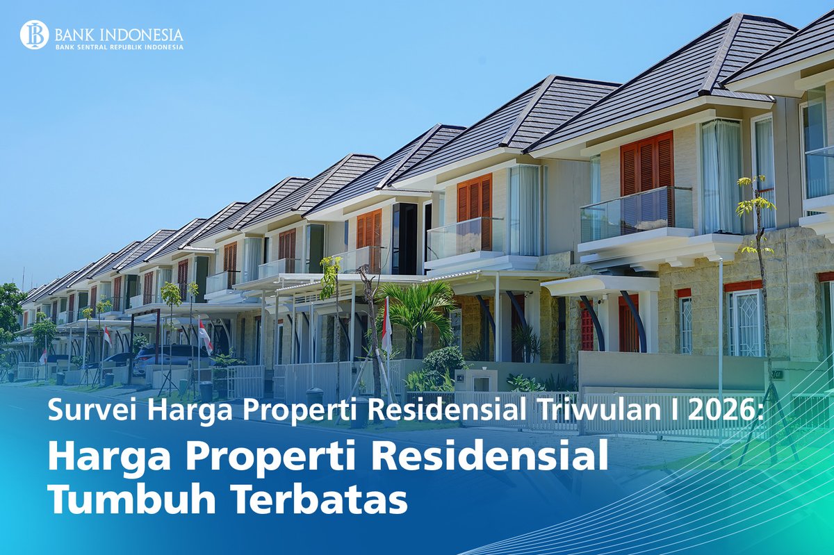 bank_indonesia's tweet photo. Hasil Survei Harga Properti Residensial (SHPR) Bank Indonesia menunjukkan harga properti residensial di pasar primer pada triwulan I 2026 tumbuh terbatas.

▶️ Tecermin dari Indeks Harga Properti Residensial (IHPR) pada triwulan I 2026 yang tumbuh sebesar 0,62% (yoy), sedikit lebih rendah dibandingkan dengan pertumbuhan pada triwulan IV 2025 sebesar 0,83% (yoy).

▶️Dari sisi penjualan, hasil survei mengindikasikan penjualan unit properti residensial tipe menengah meningkat.

Lalu, bagaimana dengan sisi pembiayaan? Apa saja yang menjadi sumber utama pendanaan?

Simak informasi selengkapnya dan terus #BeriMakna bagi perekonomian kita, ya, #SobatRupiah!

Klik 👇
https://t.co/DQenyqv8jd