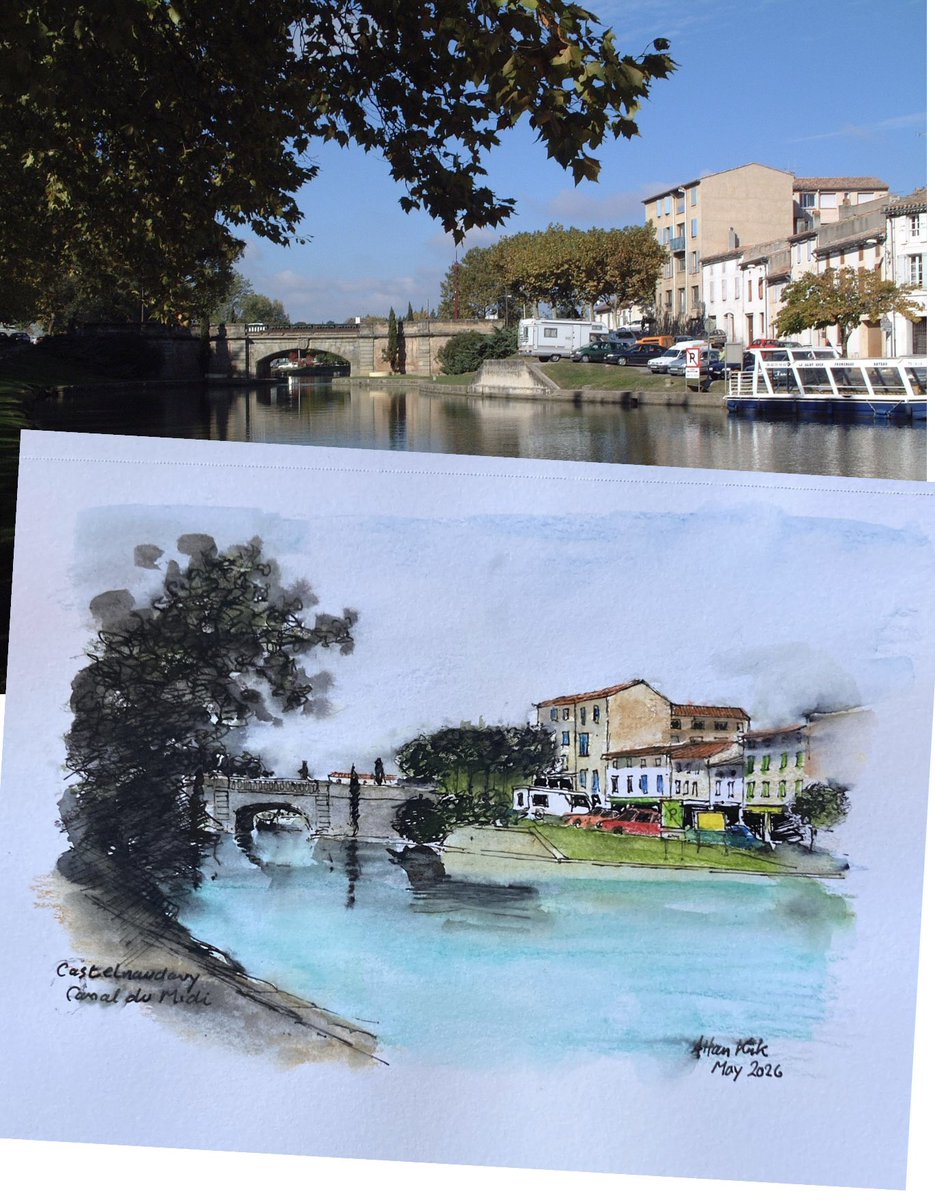 tarnincolour's tweet photo. Canal du Midi at Castelnaudary- pen and watercolour pencils on Canson mixed media paper. #sketchbook #urbansketcher #urbansketchers #sketch #urbansketch #sketchtravel #usk #akirk54 #landscapepainting  #watercolour #thedailysketch  #drawing #inktober https://t.co/3y5l5rAM2j