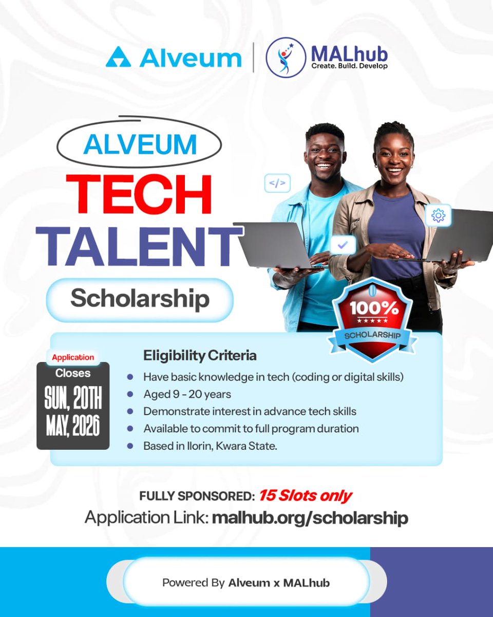 malhubng's tweet photo. 🚨100% Scholarship Alert!

Alveum and MALhub are offering a 100% scholarship to 15 lucky applicants who are ready to master advanced tech skills. 

If you’ve already got the basics of coding or digital skills, we want to help you go further.

Apply Now: https://t.co/Hv1NcUzb8b https://t.co/Z3pblykTOS