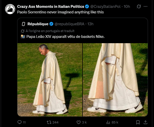 Maxence_Carsana's tweet photo. Il y a une fascination sur internet pour la figure religieuse portant l’habit mais qui pourtant, semble ancrée dans le monde par un détail profane: une paire de baskets, fumer une cigarette, faire du sport, etc.

Comme si la spiritualité était inaccessible pour la majorité des individus, qu’ils se mettent eux-mêmes à distance de cette voie mais attendent impatiemment un geste à leur égard qui viendrait réduire la distinction.

Comme un enfant heureux de voir son père sortir momentanément du sérieux et des soucis de son travail pour jouer un peu. Il y a une vraie faim de pardon, de connexion et de réconciliation avec quelque chose de plus haut qui ne jugerait pas mais comprendrait, tout en parlant depuis une position de “supériorité”.