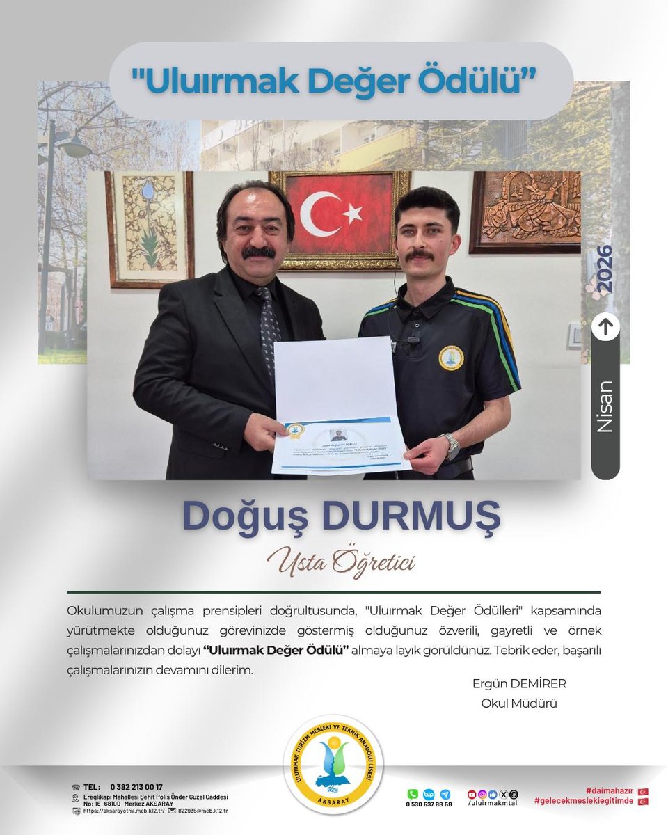 UluirmakMtal's tweet photo. "Uluırmak Değer Ödülü" Nisan 2026
Tebrikler Doğuş DURMUŞ👏📷
#daimahazır🇹🇷 #daimahazır🇹🇷
#gelecekmeslekieğitimde🇹🇷 https://t.co/xlFcvF57BI