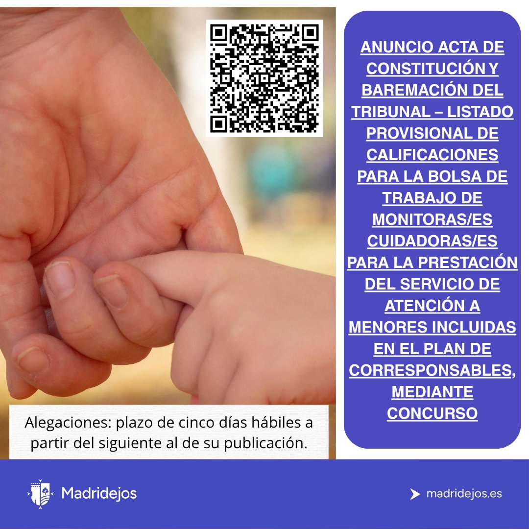 AytoMadridejos's tweet photo. ℹ️ ANUNCIO ACTA DE CONSTITUCIÓN Y BAREMACIÓN DEL TRIBUNAL – LISTADO PROVISIONAL DE CALIFICACIONES PARA LA BOLSA DE TRABAJO DE MONITORAS/ES CUIDADORAS/ES PARA LA PRESTACIÓN DEL SERVICIO DE ATENCIÓN A MENORES INCLUIDAS EN EL PLAN DE CORRESPONSABLES

+INFO 👉 https://t.co/wfQ8CpxeOa https://t.co/xbTFg61JBz