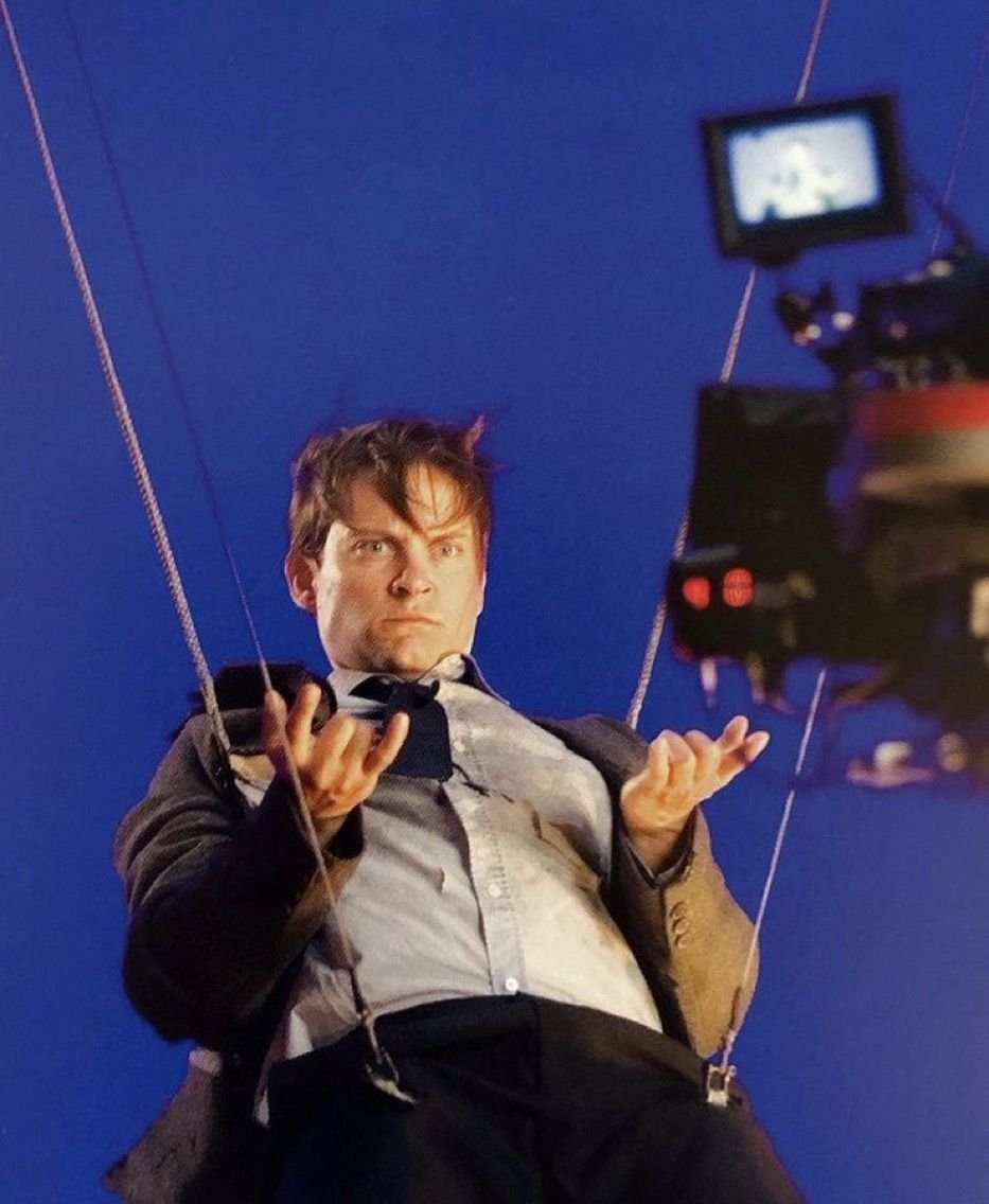Tobey Maguire behind the scenes of Spider-Man 3, 2006 (dir. Sam Raimi)