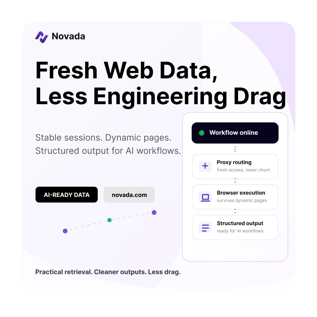 Novada_Proxy's tweet photo. The expensive part of web data is rarely the first request. It’s everything after that. Proxy quality, browser stability, anti-bot friction, and whether the output is clean enough for AI to use without extra cleanup.

 https://t.co/T6PpD3ZxQc

#WebScraping #ScrapingAPI #AI #Proxy https://t.co/DY2J0t1JnA