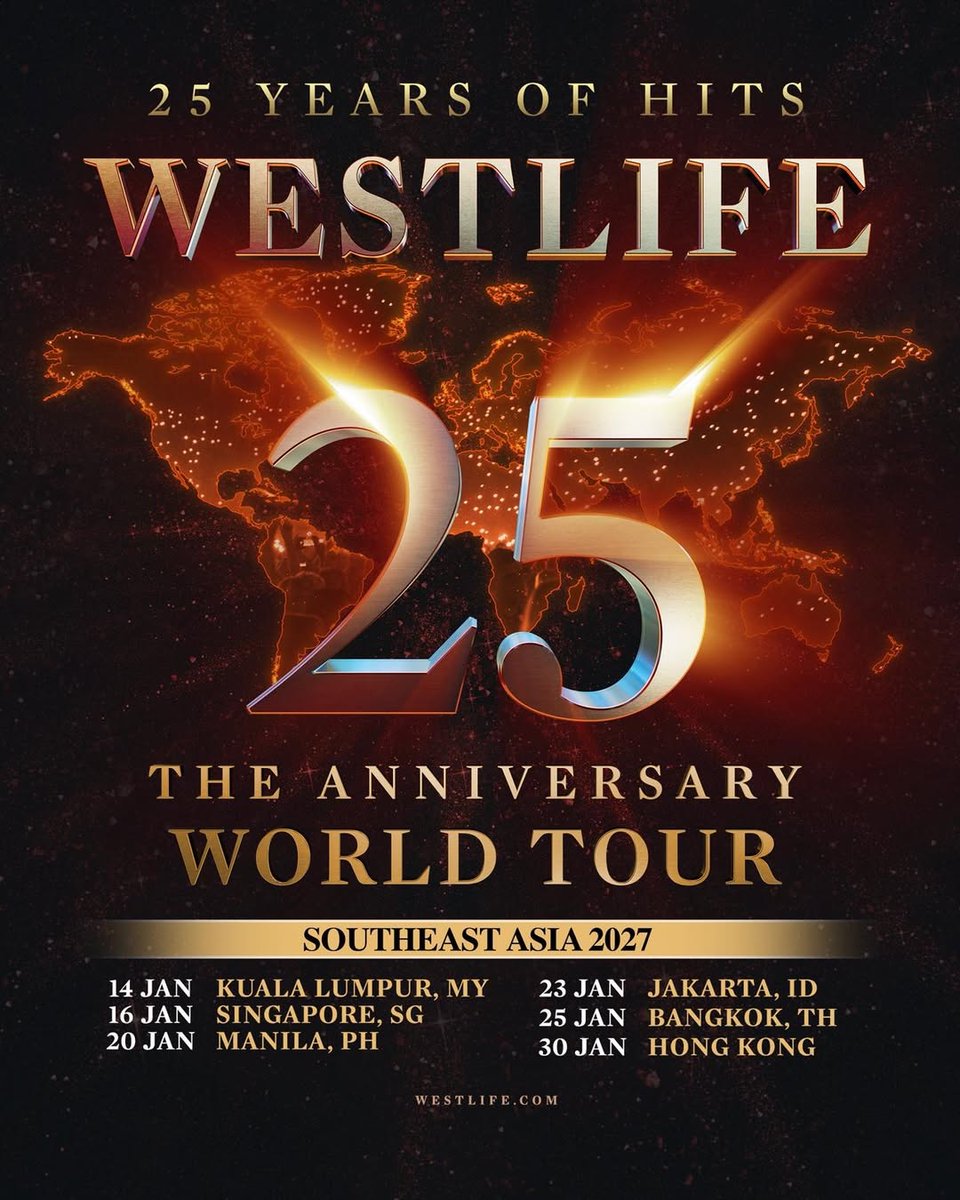 Westlife is returning to Kuala Lumpur in January 2027!

𝐖𝐄𝐒𝐓𝐋𝐈𝐅𝐄 𝟐𝟓: 𝐓𝐇𝐄 𝐀𝐍𝐍𝐈𝐕𝐄𝐑𝐒𝐀𝐑𝐘 𝐖𝐎𝐑𝐋𝐃 𝐓𝐎𝐔𝐑 𝐈𝐍 𝐊𝐔𝐀𝐋𝐀 𝐋𝐔𝐌𝐏𝐔𝐑
📅 14 January 2027 (THURS)

Stay tuned for ticketing details! Follow our socials and sign up at livenation.my