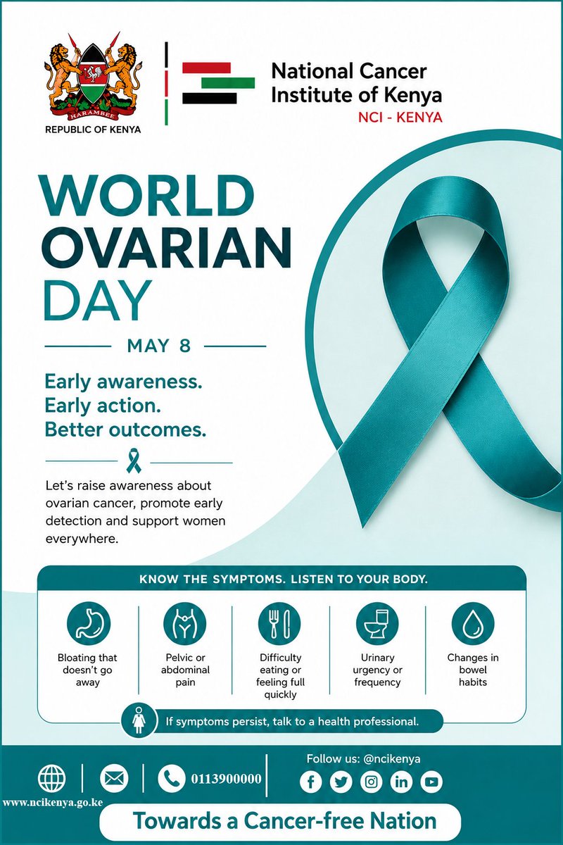 NCIKenya's tweet photo. Today, the National Cancer Institute of Kenya joins the global community in commemorating World Ovarian Day, observed annually on May 8.
The day highlights the importance of ovarian cancer awareness, early detection, and support for patients, survivors, and families affected by the disease.
Together, we continue to advocate for timely diagnosis, quality care, and hope for all.
Towards a Cancer-free Nation.
#WorldOvarianCancerDay #OvarianCancerAwareness #NCIKenya