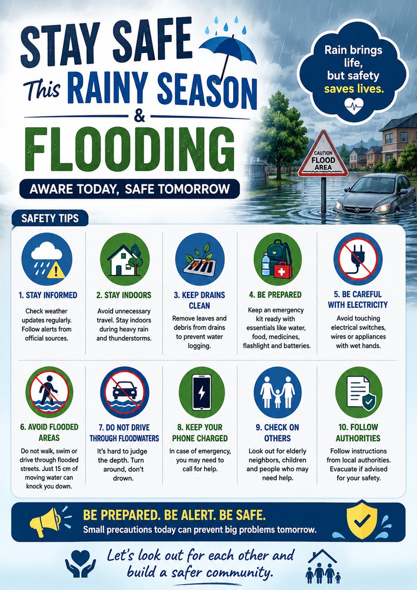 ogun_safety's tweet photo. Flooding and heavy rains can happen suddenly, but preparation saves lives.
As the rainy season intensifies, let’s stay alert, protect our environment, and prioritize safety at home, on the road, and in our communities. #safetyfirst #safetyculture https://t.co/0nwQ76a3OH