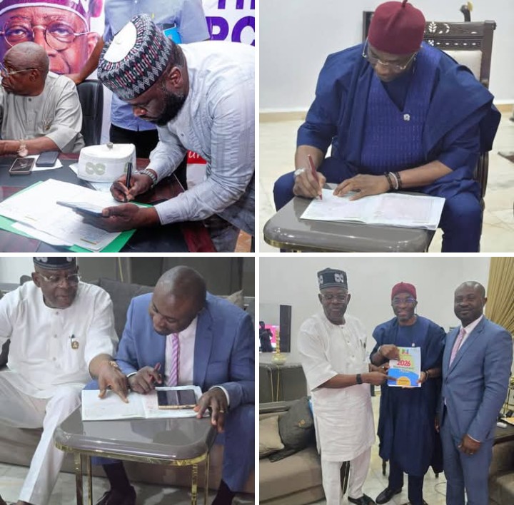 2027: Deputy Speaker Rt. Hon. Benjamin Okezie Kalu, Minister of Interior Olubunmi Tunji-Ojo  &amp; Comrade Mustapha Salihu,Adamawa APC governorship aspirant, have endorsed President Bola Ahmed Tinubu’s presidential bid by signing his nomination form