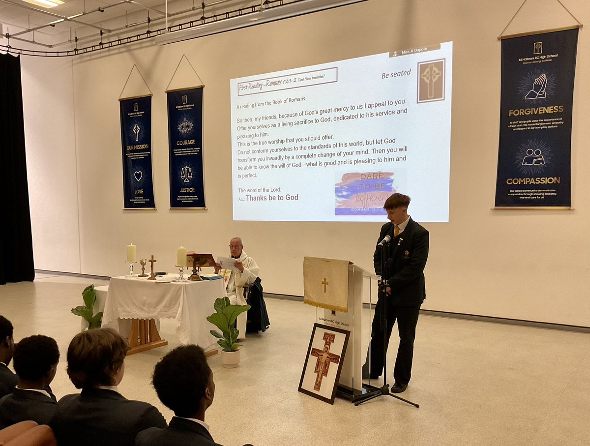AllHallowsRC's tweet photo. The whole of Y11, together with parents/carers, gathered for their Leavers’ Mass yesterday. Thank you to Fr. Dermot for celebrating Mass for us, what an uplifting &amp; emotional service it was! 
Please keep our Y11s in your prayers as they start their GCSEs 🙏 #believebelongachieve https://t.co/72bKvHpqub