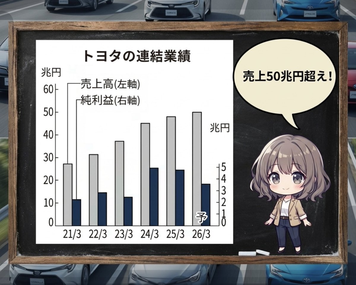 すごいね🤩トヨタ自動車。
日本企業で初めて！

2026年3月期の連結決算で、売上高50兆円を突破🔥

これはトヨタハイブリッド車（HV）の好調な販売が後押ししてるらしい。