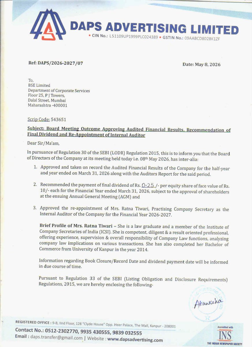 nileshkurhade's tweet photo. 📌 DAPS Advertising Ltd informed the exchange about its approval for the financial results for the period ended March 31, 2026. #SME #DAPS 📄🧾 https://t.co/RTI5KXgFR5