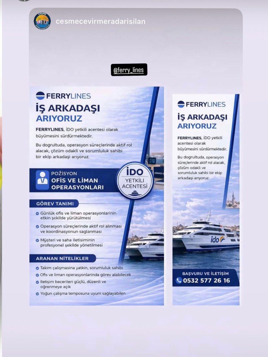 ekitevalp's tweet photo. @huseyinderdim @melikeziyagiler Ferry Lines Çeşme iş başvurusu kabul ediyor ofis elemanı arayışları var bir başvuru derim. https://t.co/yBqa03sOig
