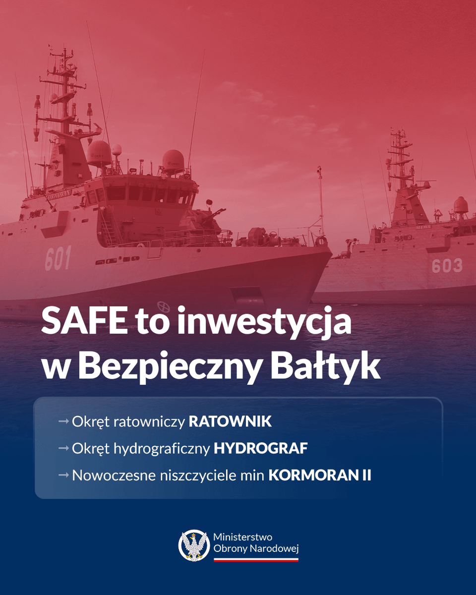 MON_GOV_PL's tweet photo. Fundusze z #SAFE to wzmocnienie bezpieczeństwa na wschodniej granicy Polski #TarczaWschód, ale to także inwestycje w @MarWojRP i ochrona na #Bałtyk.
#PolskaSAFE https://t.co/iStQTnlqzn