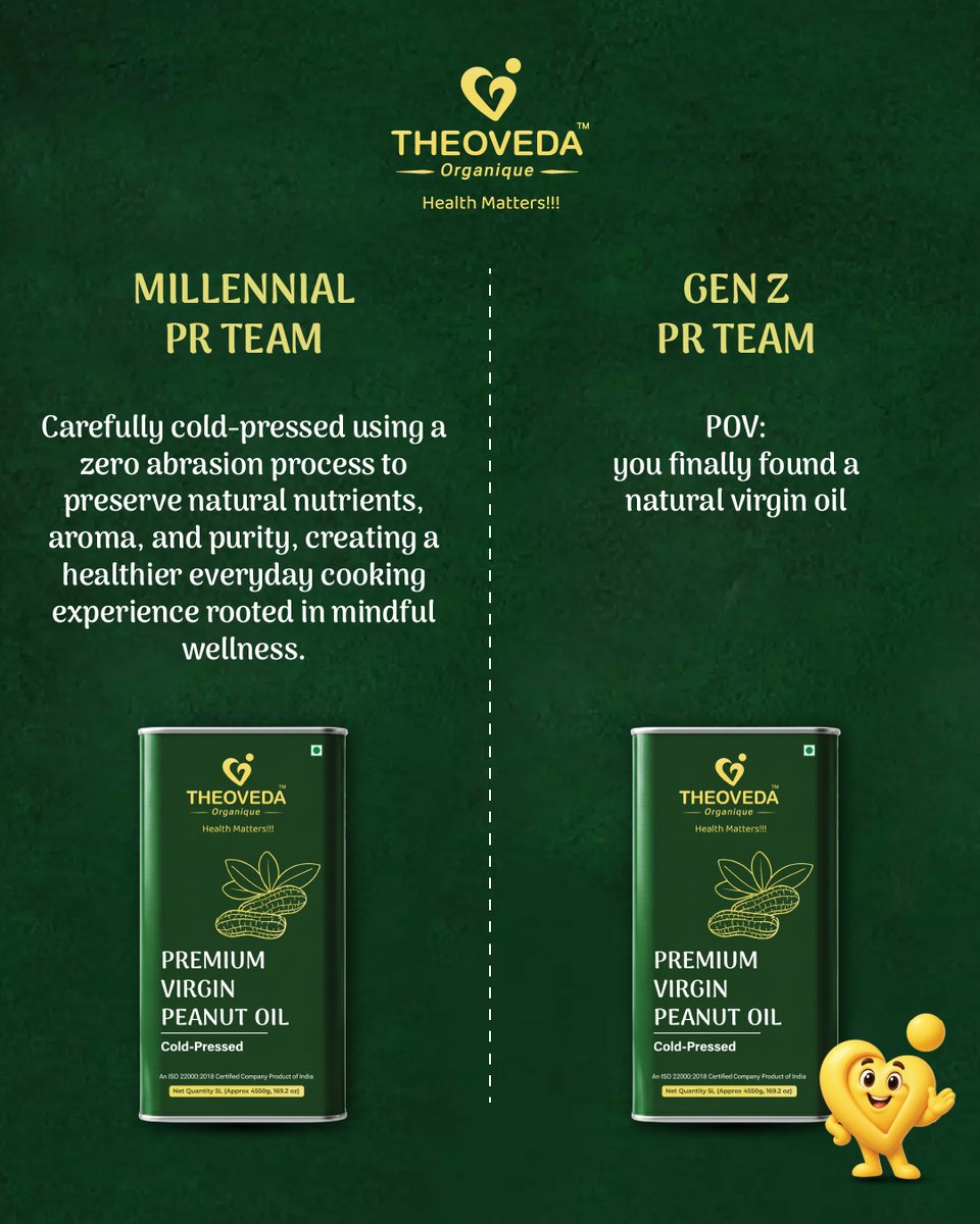 theoveda's tweet photo. Millennials explain it.
Gen Z claims it. 💚

Either way, everyone’s choosing pure, natural goodness now. 🌿✨

#TheovedaOrganique #ColdPressedOil #GenZHumour #MillennialVsGenZ #HealthMatters #VirginPeanutOil https://t.co/RRJZcrUneu
