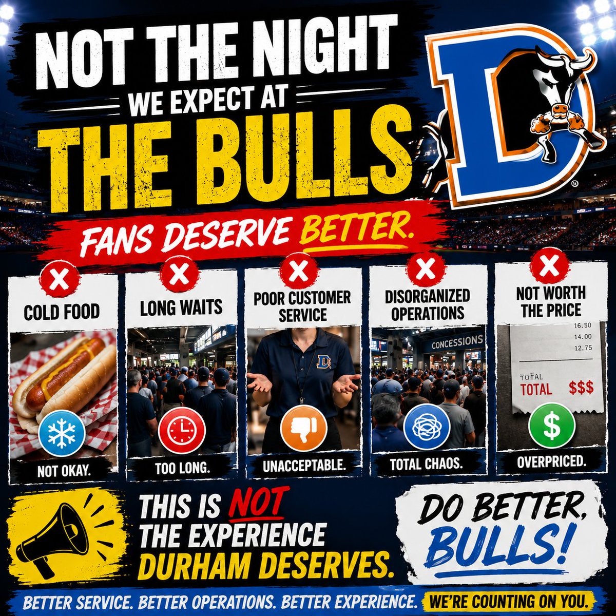 RTPRealtyPro's tweet photo. .@DurhamBulls managed to turn a packed crowd into a stadium full of frustrated customers.

Cold food.
Terrible lines.
Zero urgency.
Fans paid premium prices for a minor league disaster.
#DurhamBulls #MiLB https://t.co/8j4PTBqEj4