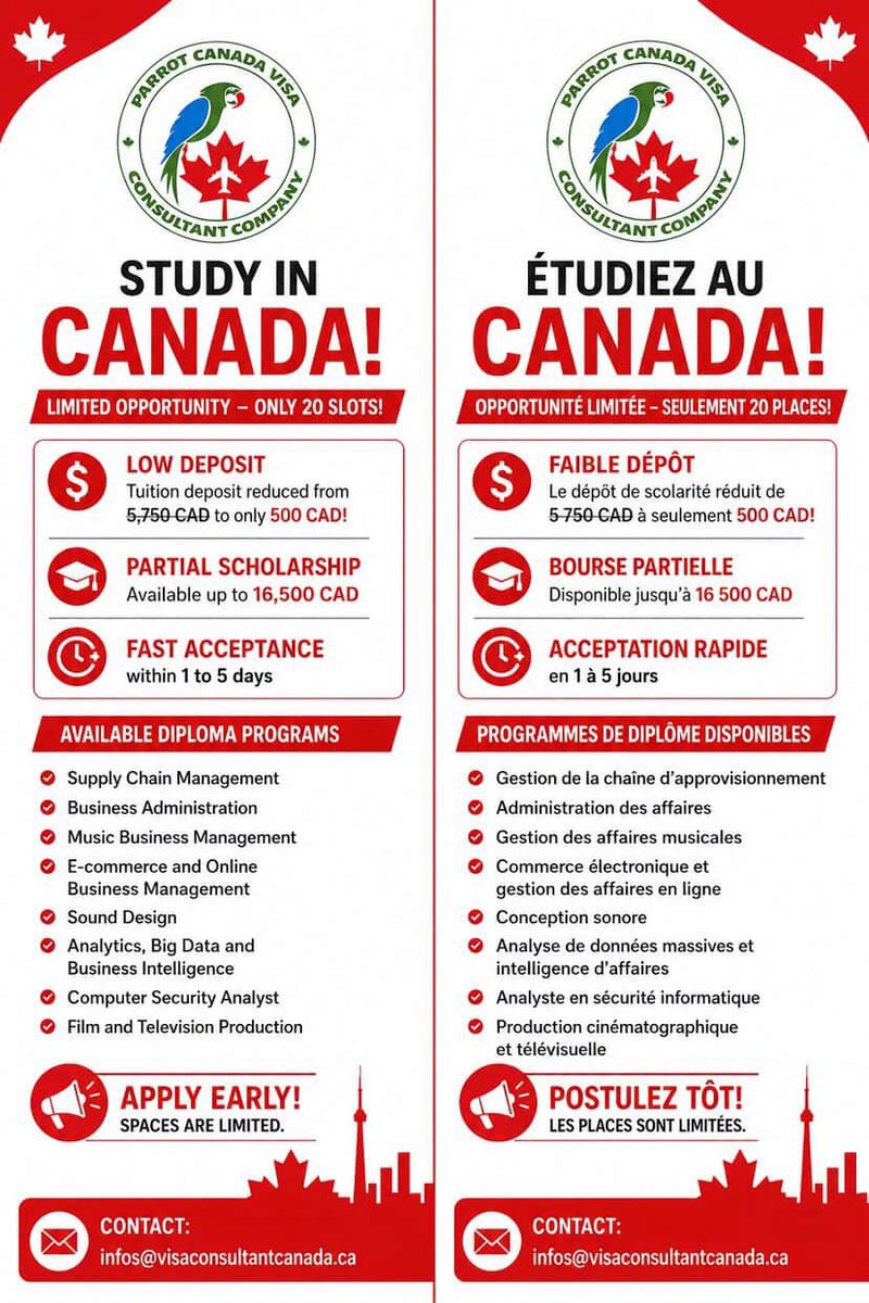 🔥 Study in Canada with Only 500 CAD Deposit – Fast Acceptance in 1 to 5 Days 🔥

Dear All,

I hope you are doing well.

We are pleased to announce a special admission opportunity for students recruited through PARROT CANADA VISA CONSULTANT CO. LTD.