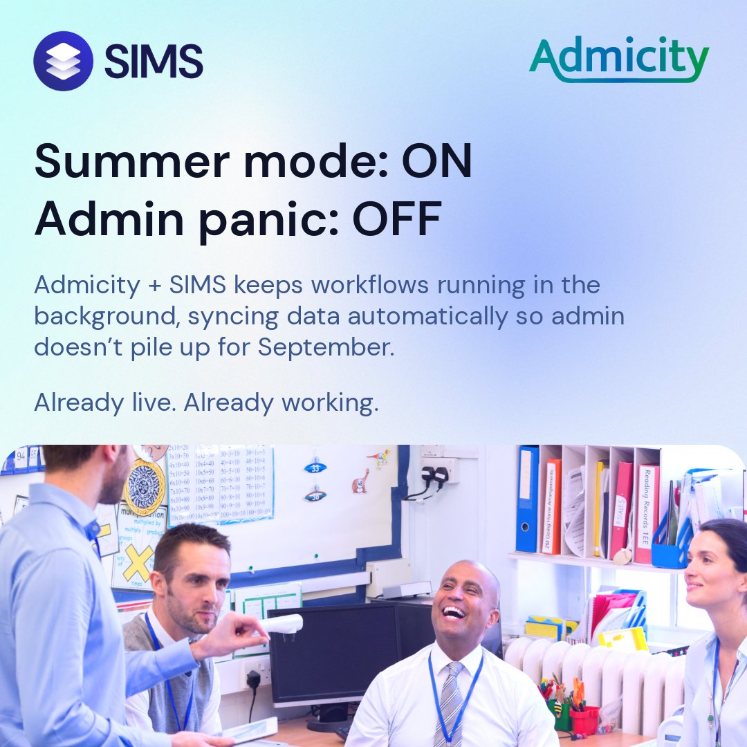 dynamike21's tweet photo. Summer is for planning, not manual admin! ☀️ @Admicity partners with SIMS to automate school processes using existing data, improving task and workflow management. Book a demo: ParentPay Group #SIMSNextGen #EdTech #SchoolLife #Automation #SIMS #workflows #EdTechForSchools https://t.co/VjcpmM8cwu