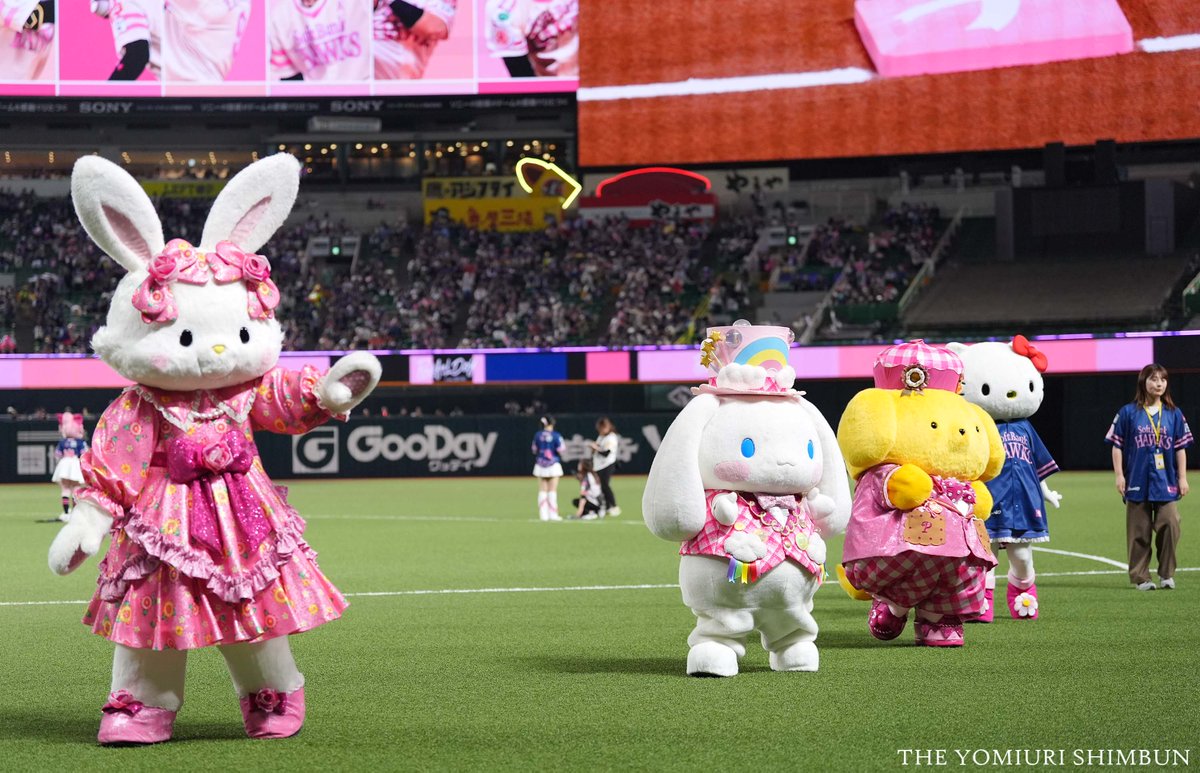 ys_shashin's tweet photo. ［プロ野球　ソフトバンク－ロッテ］
ピンクフルデー初日は、35周年をむかえた大分のハーモニーランドからサンリオのキャラクターたちが駆けつけました。
"キティちゃん"の始球式で試合開始！

▽九州のニュースは
https://t.co/rRVIuSrA4y

#hellokitty #sanrio https://t.co/nt7wXyAIAN
