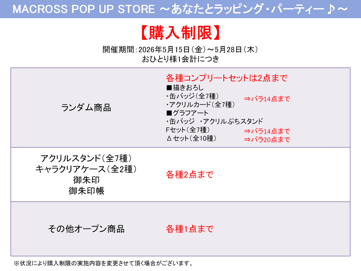 ⚠️購入制限のお知らせ⚠️ MACROSS POP UP STORE ～あなたと