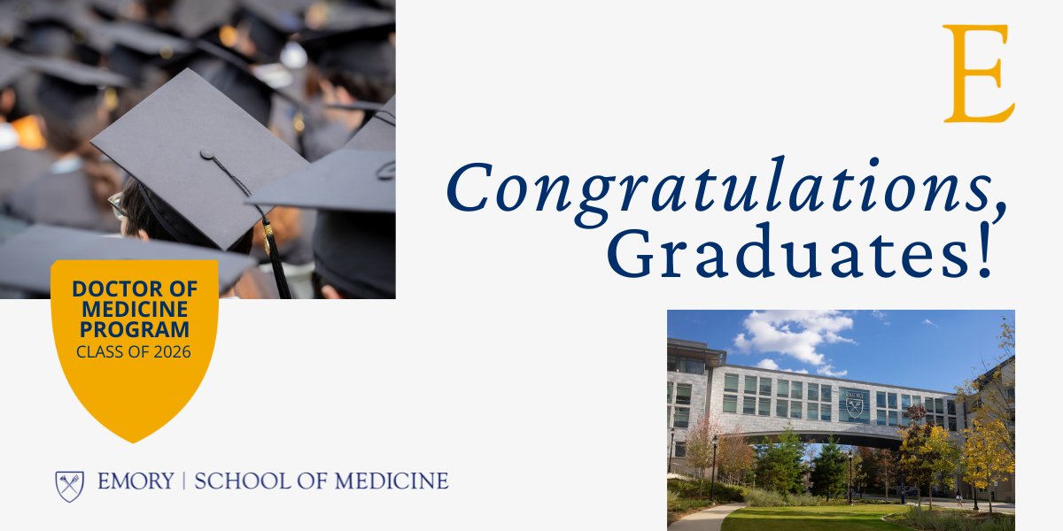 EmoryMedicine's tweet photo. Congratulations to today's graduates of the Emory University Doctor of Medicine (MD) Program! Watch the ceremony live stream at 10:00 a.m. 📹 ➡️ https://t.co/YGAAQF30CS

#Emory2026 #EmoryMedicine2026 #Congrats #EmoryProud 🎓 💙 💛 https://t.co/8sUKK56AbT