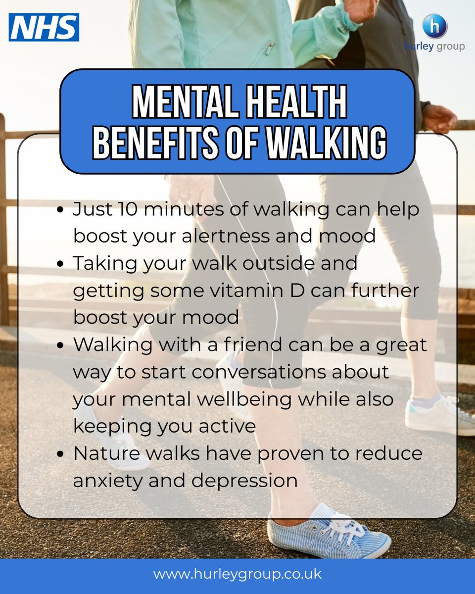 HurleyGroup's tweet photo. As well as being beneficial for your physical health, walking also brings many benefits for your mental health. Take a short walk today and see how it positively impacts your mood. 

#NationalWalkingMonth #NHS https://t.co/Ukp1sXLYoG