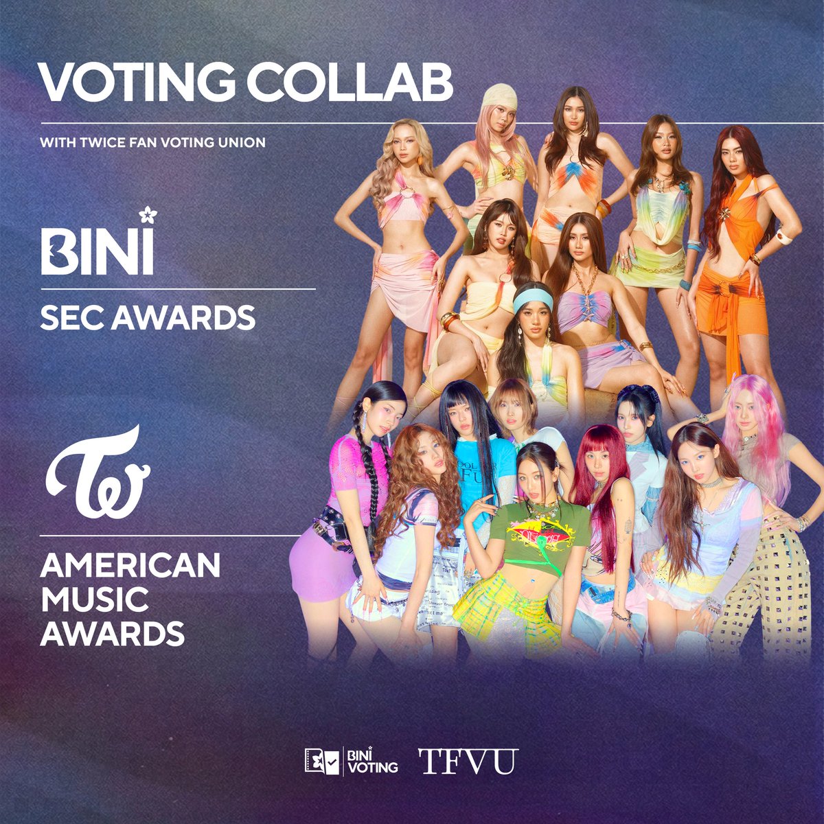 [📢] VOTING COLLABORATION 

BLOOMs, it’s last day of our voting collab with ONCE (<a href="/TFVUnion/">TWICE FAN VOTING UNION</a>)! 🍭 
Please continue voting for TWICE in the American Music Awards — “Best Female K-Pop Artist” category until May 8. In exchange, they’ll continue helping BINI through website voting for